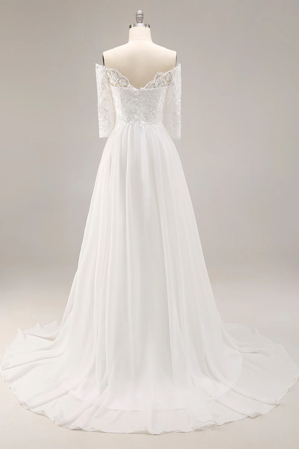 White A-Line Off The Shoulder Half Sleeves Wedding Dress with Lace - Image 2
