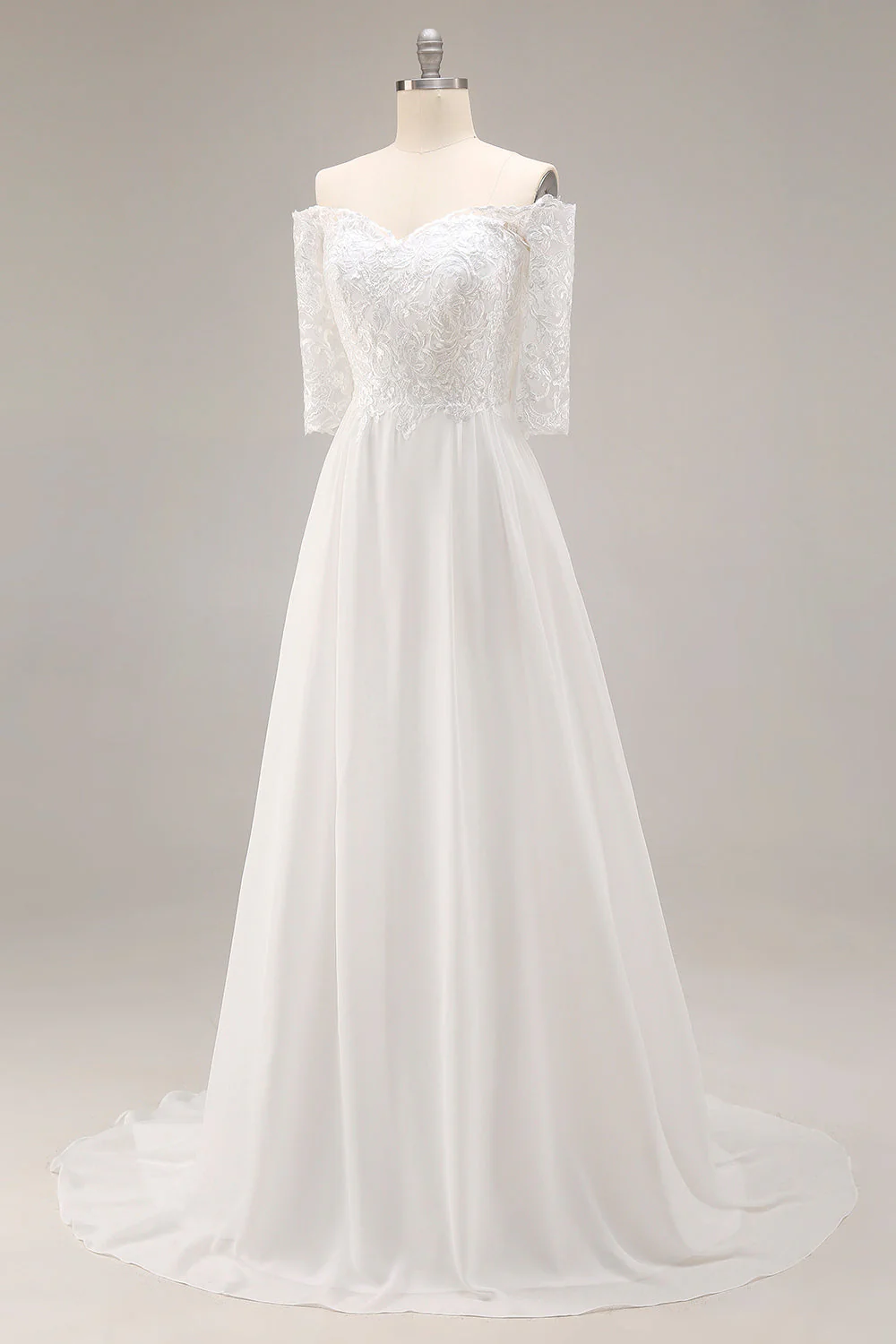 White A-Line Off The Shoulder Half Sleeves Wedding Dress with Lace - Image 3