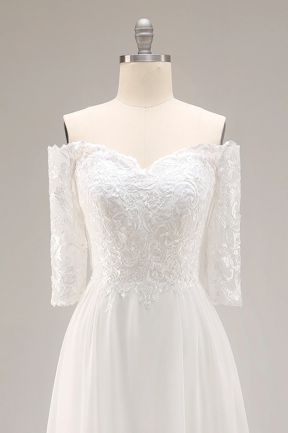 White A-Line Off The Shoulder Half Sleeves Wedding Dress with Lace - Image 4