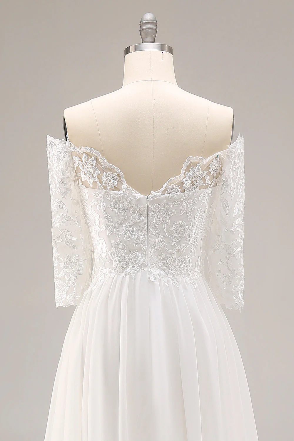 White A-Line Off The Shoulder Half Sleeves Wedding Dress with Lace - Image 5