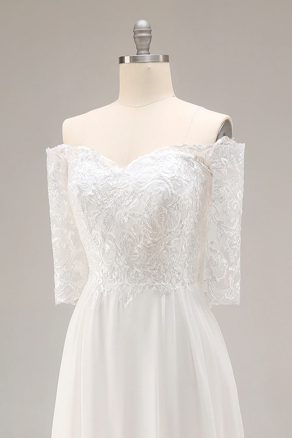 White A-Line Off The Shoulder Half Sleeves Wedding Dress with Lace - Image 6