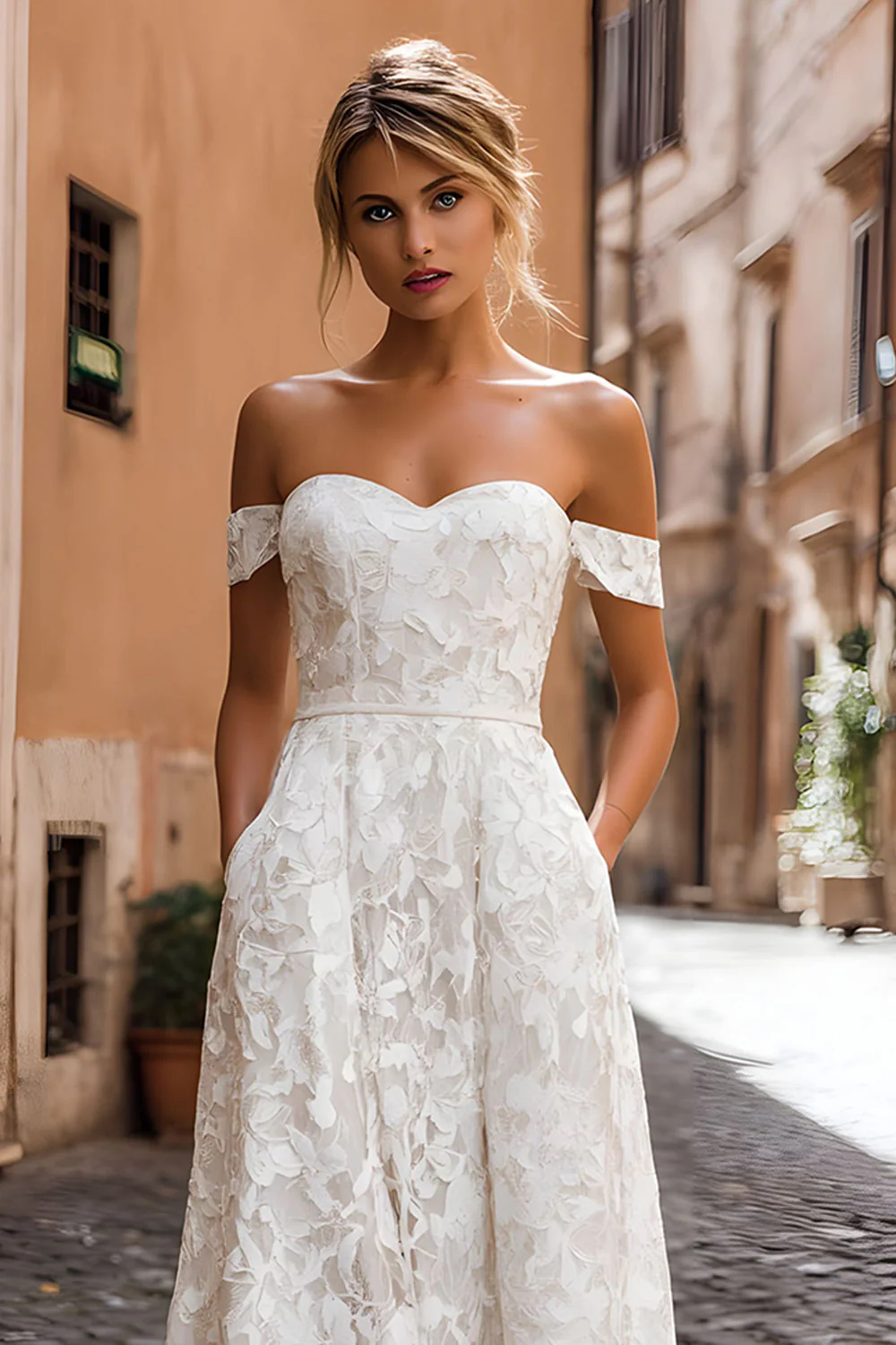 White A-Line Off the Shoulder Lace Midi Wedding Dress with Appliques - Image 3
