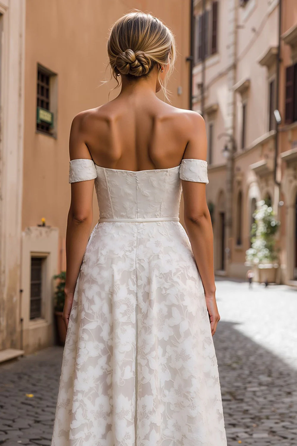 White A-Line Off the Shoulder Lace Midi Wedding Dress with Appliques - Image 4