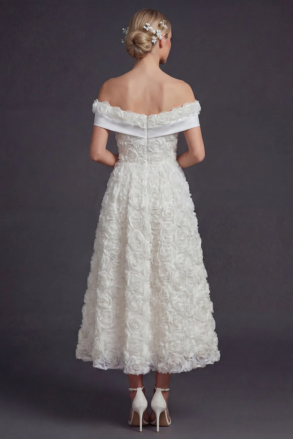 White A Line Off The Shoulder Long Wedding Dress with 3D Flowers - Image 2