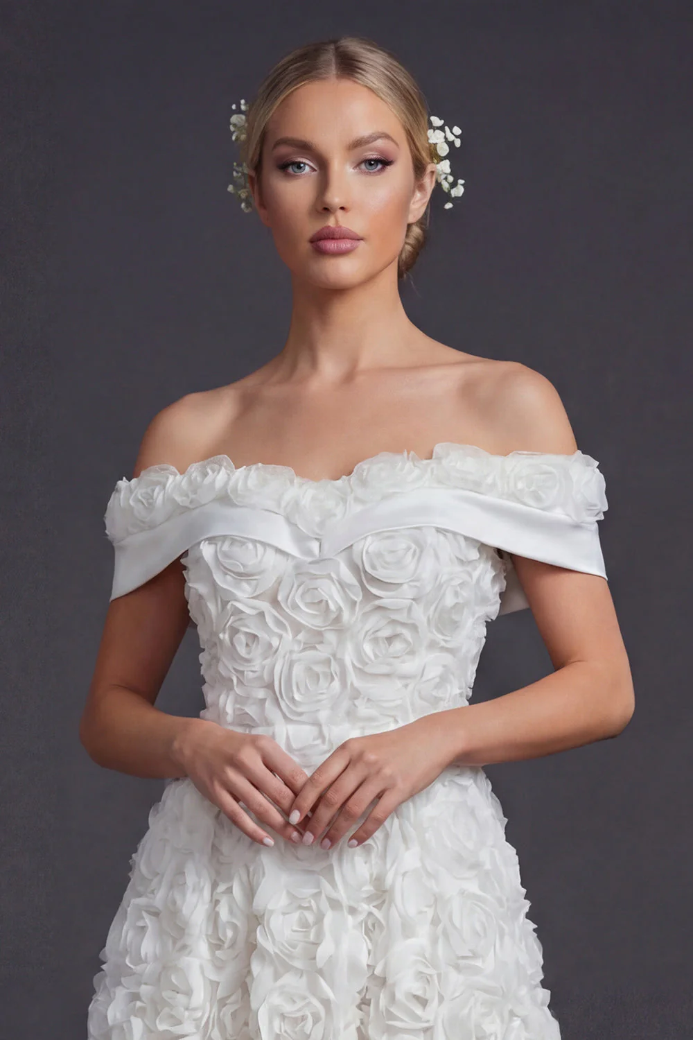 White A Line Off The Shoulder Long Wedding Dress with 3D Flowers - Image 3