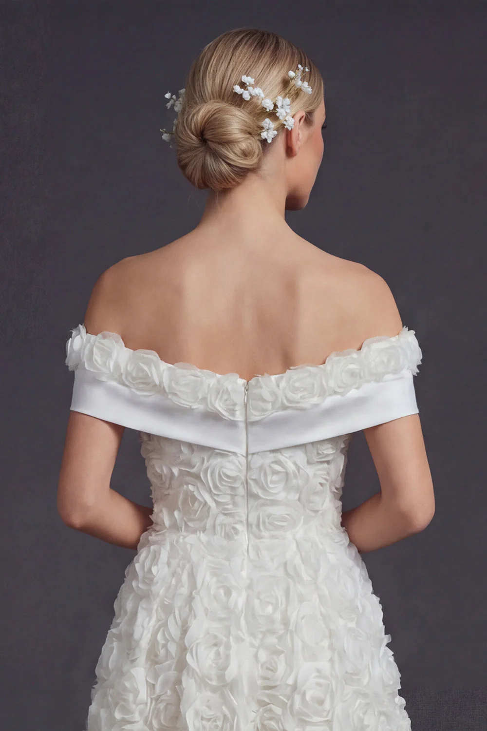 White A Line Off The Shoulder Long Wedding Dress with 3D Flowers - Image 4