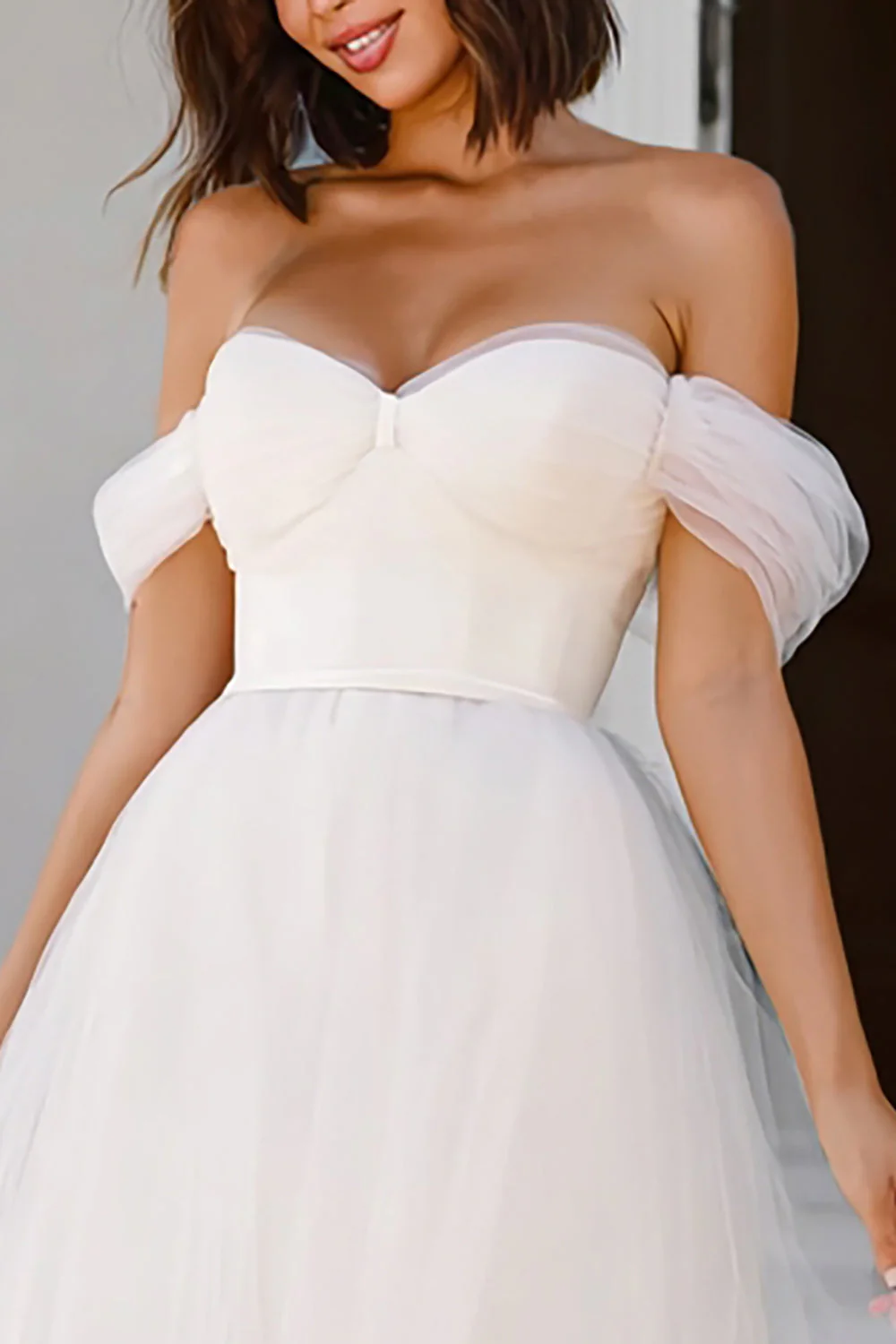 White A Line Off the Shoulder Midi Engagement Dress with Bows - Image 2