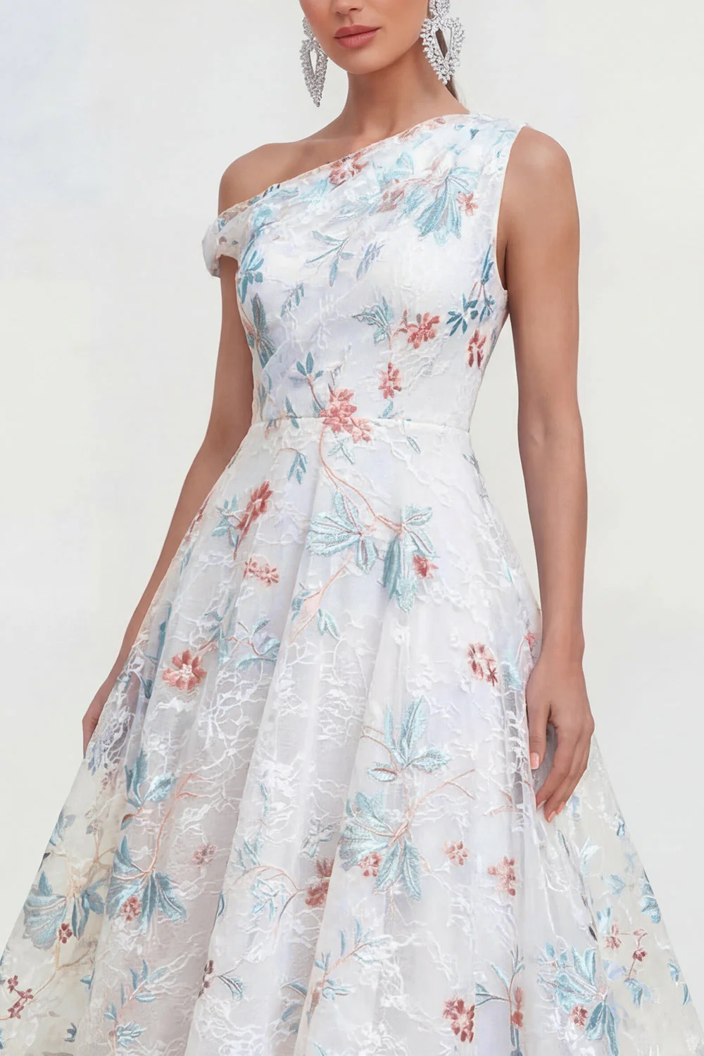 White A-Line One Shoulder Midi Multi Floral Dress - Image 3