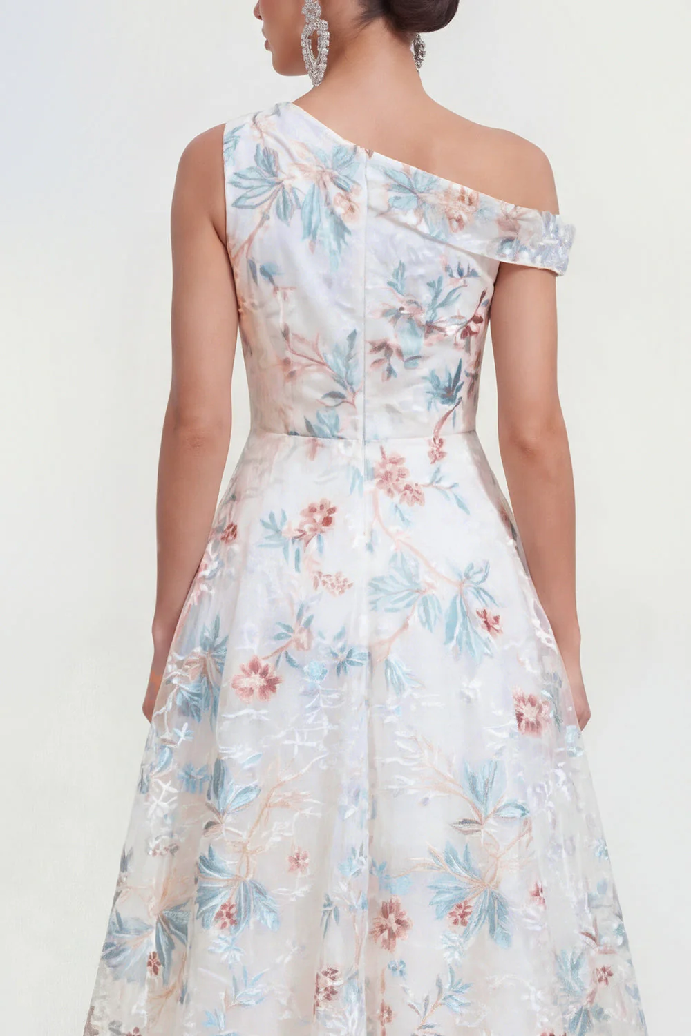 White A-Line One Shoulder Midi Multi Floral Dress - Image 4