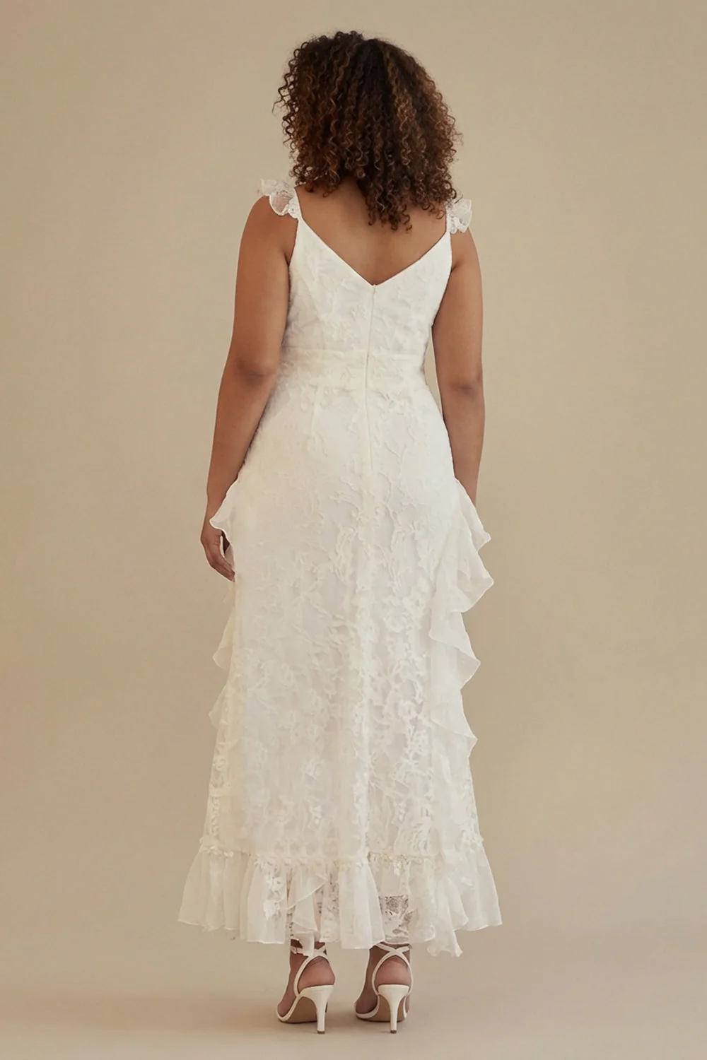 White A-Line Ruffled V-Neck Plus Size White Dress with Lace - Image 2