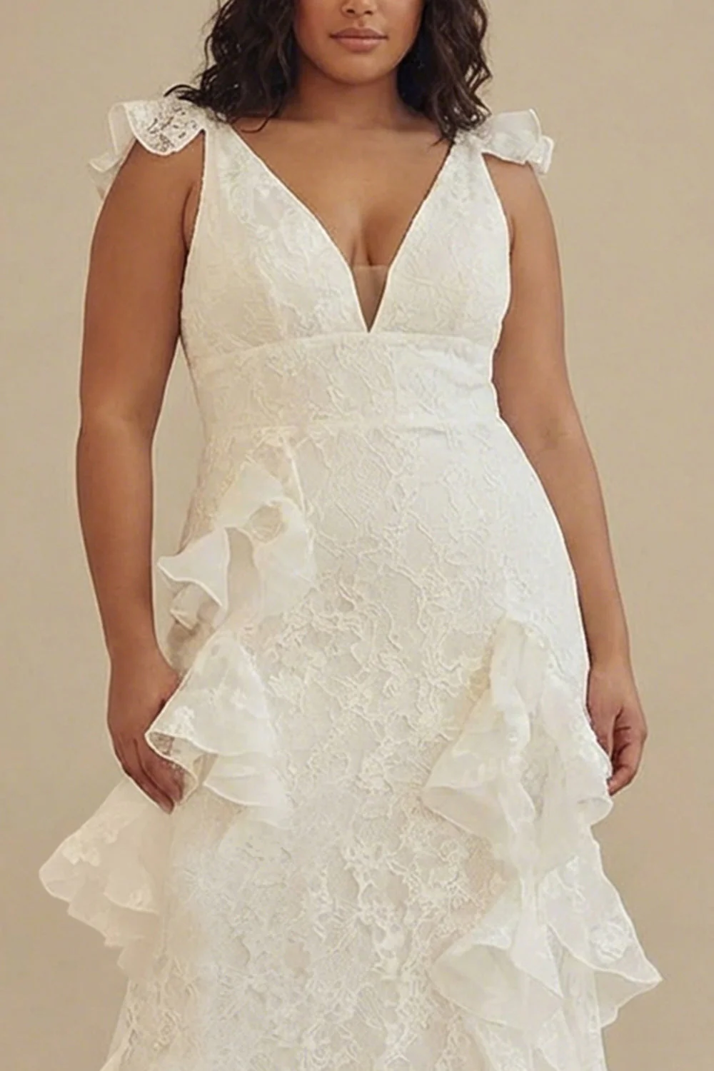 White A-Line Ruffled V-Neck Plus Size White Dress with Lace - Image 3
