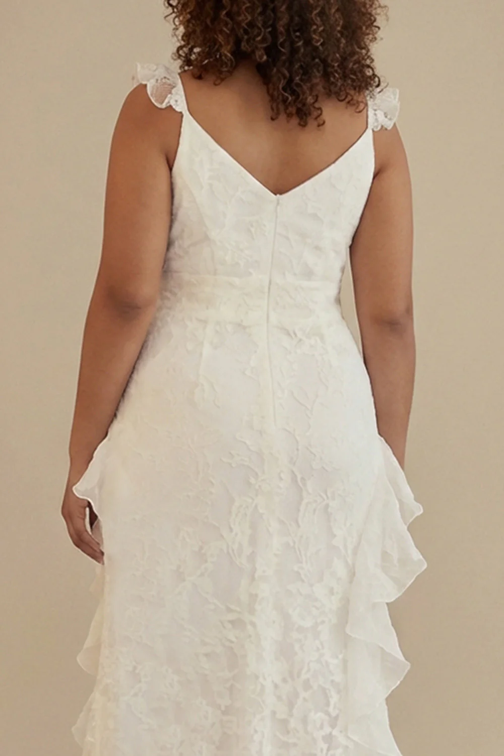 White A-Line Ruffled V-Neck Plus Size White Dress with Lace - Image 4