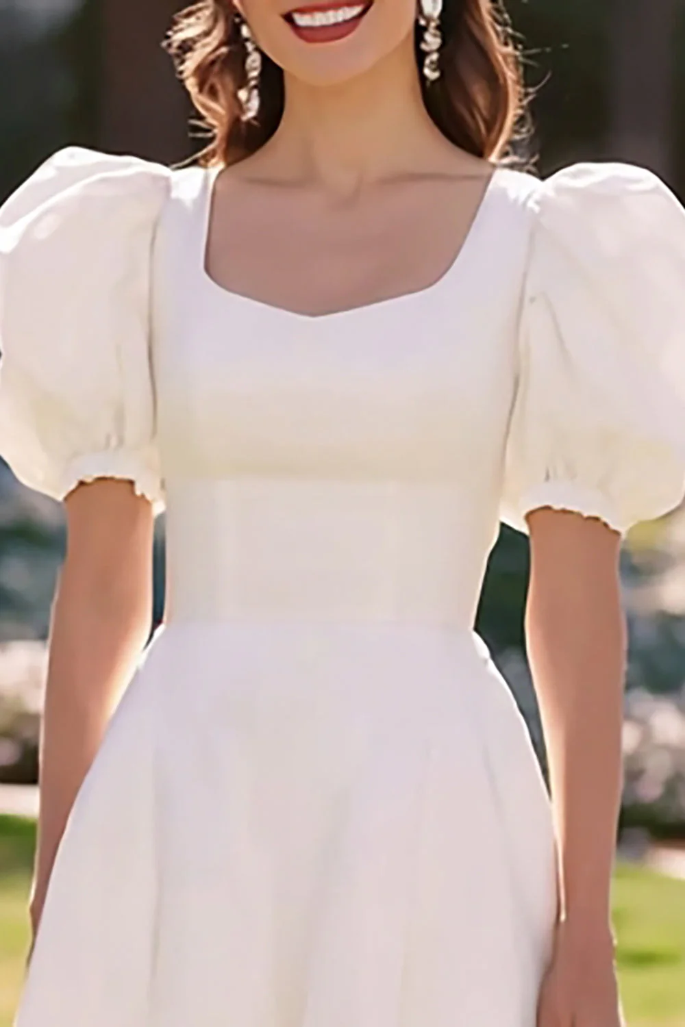 White A Line Satin Midi Engagement Dress with Puff Sleeves - Image 2