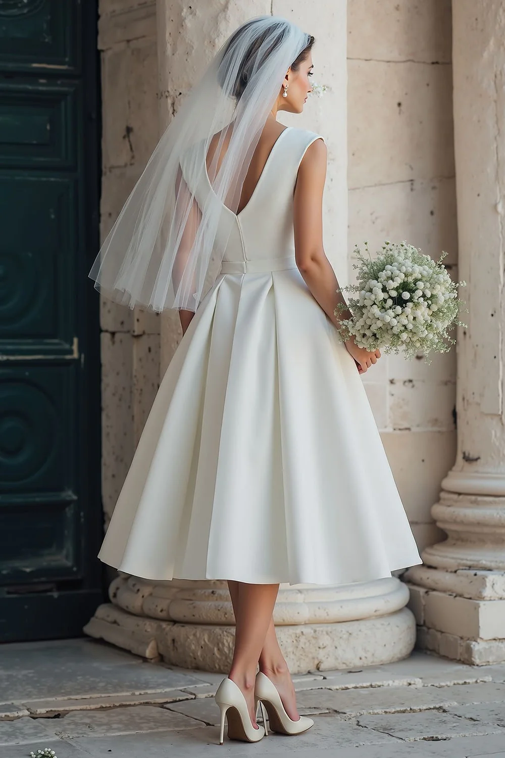 White A Line Sleeveless Round Neck Midi Wedding Dress - Image 2