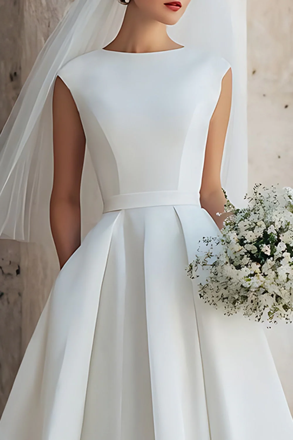 White A Line Sleeveless Round Neck Midi Wedding Dress - Image 3