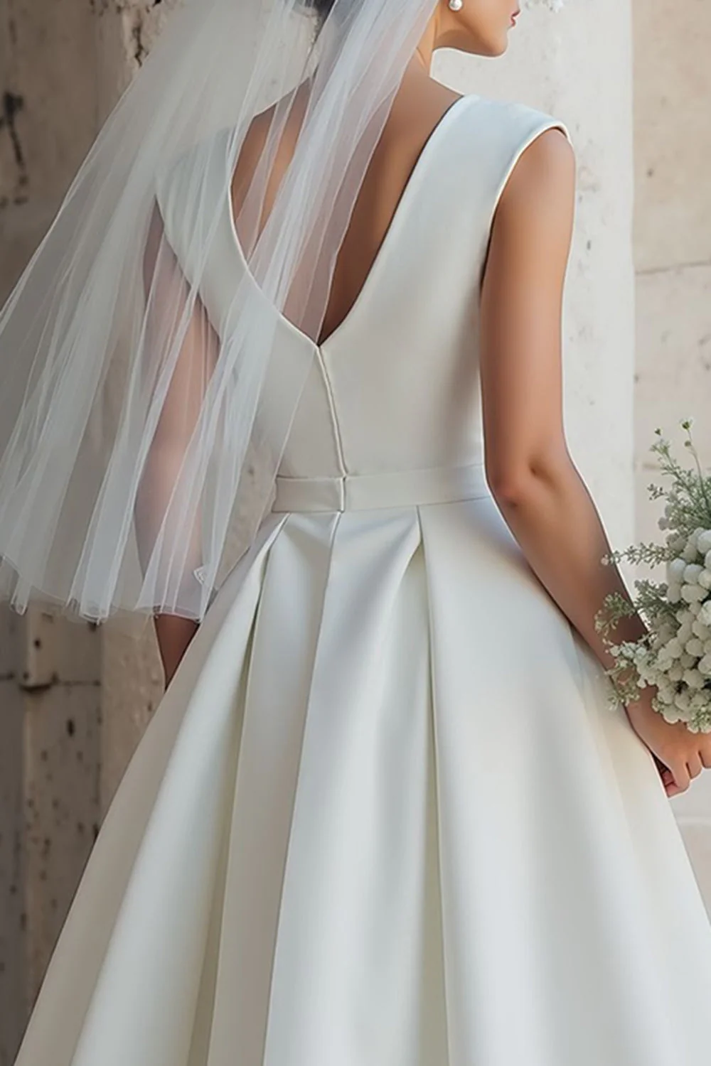 White A Line Sleeveless Round Neck Midi Wedding Dress - Image 4
