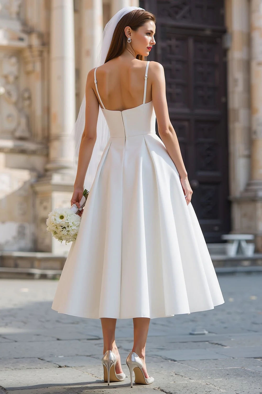 White A Line Spaghetti Straps Long Wedding Dress with Detachable Bow - Image 2