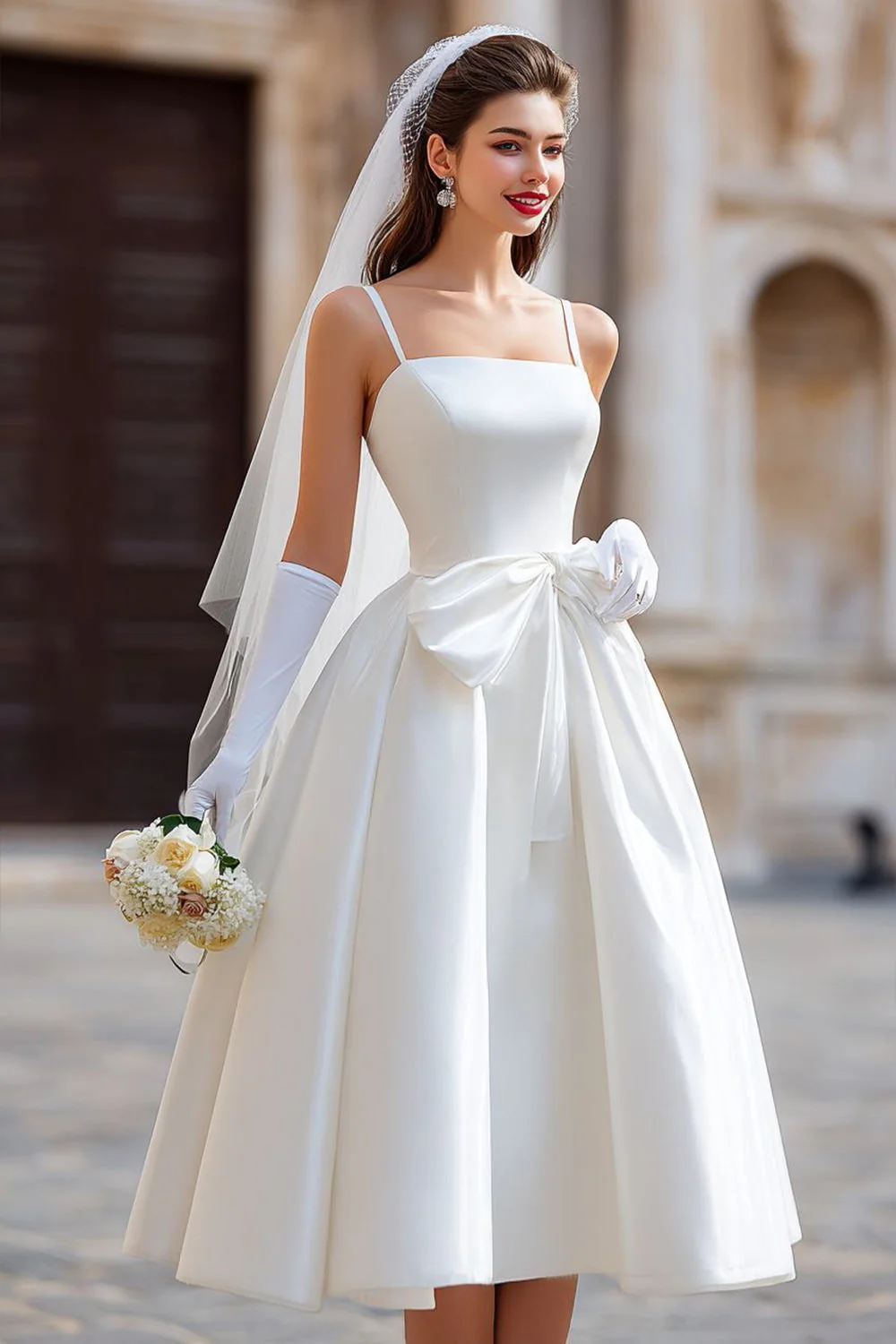 White A Line Spaghetti Straps Long Wedding Dress with Detachable Bow - Image 3
