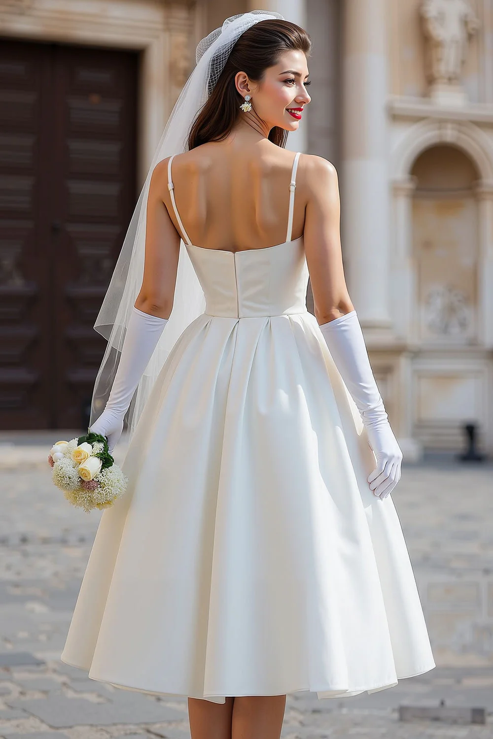 White A Line Spaghetti Straps Long Wedding Dress with Detachable Bow - Image 4