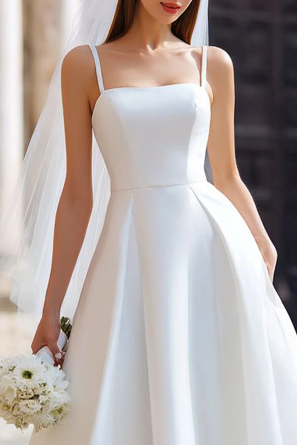 White A Line Spaghetti Straps Long Wedding Dress with Detachable Bow - Image 5