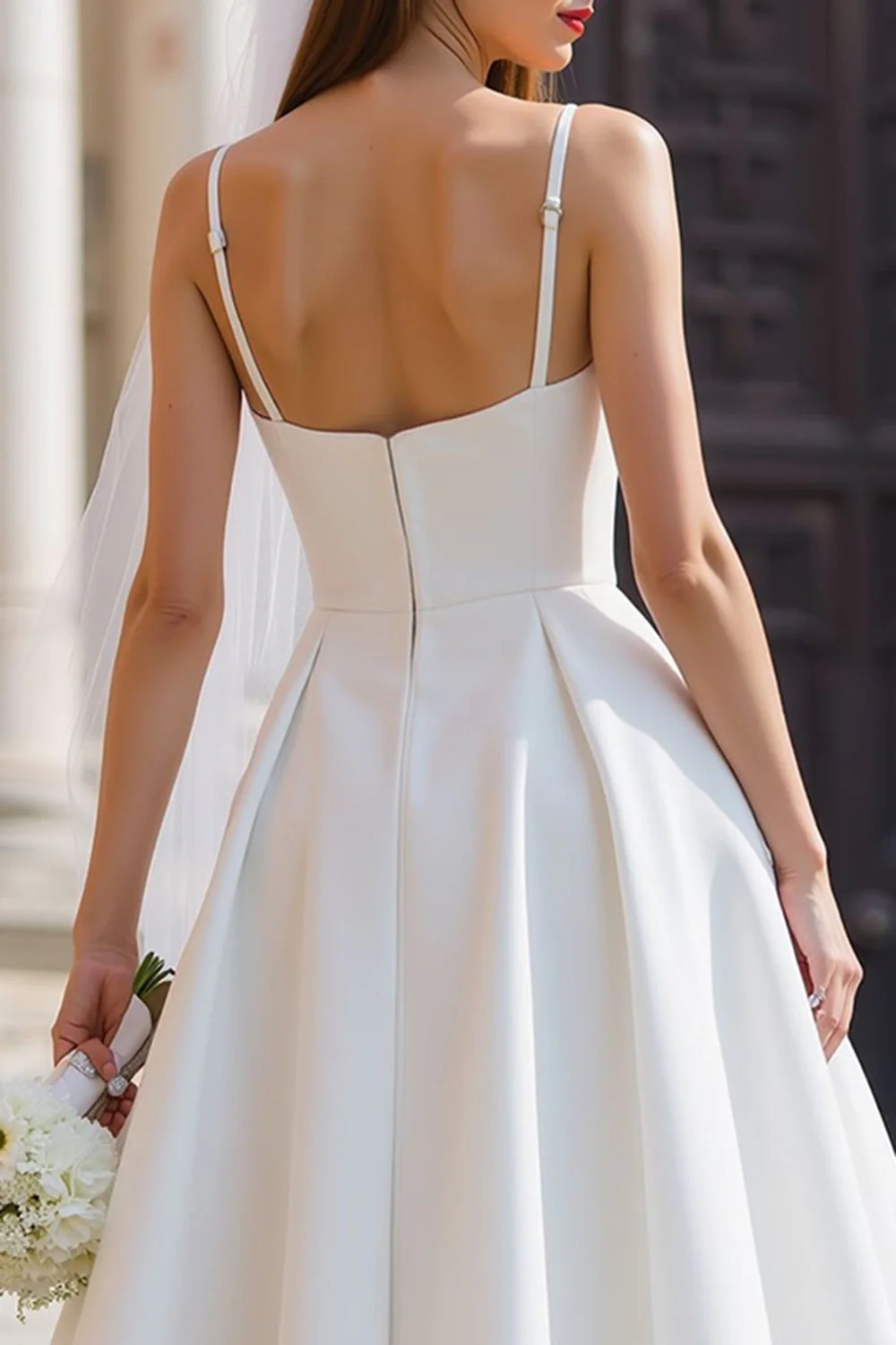 White A Line Spaghetti Straps Long Wedding Dress with Detachable Bow - Image 6