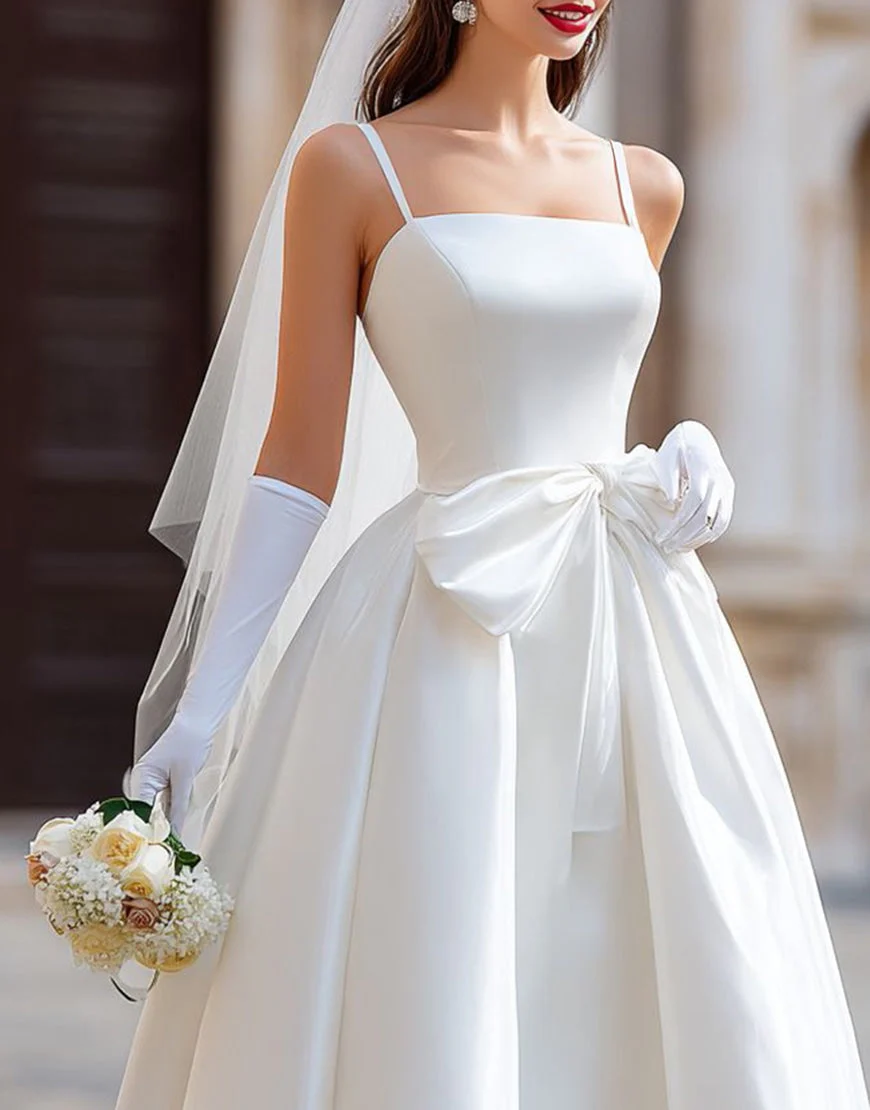 White A Line Spaghetti Straps Long Wedding Dress with Detachable Bow - Image 7