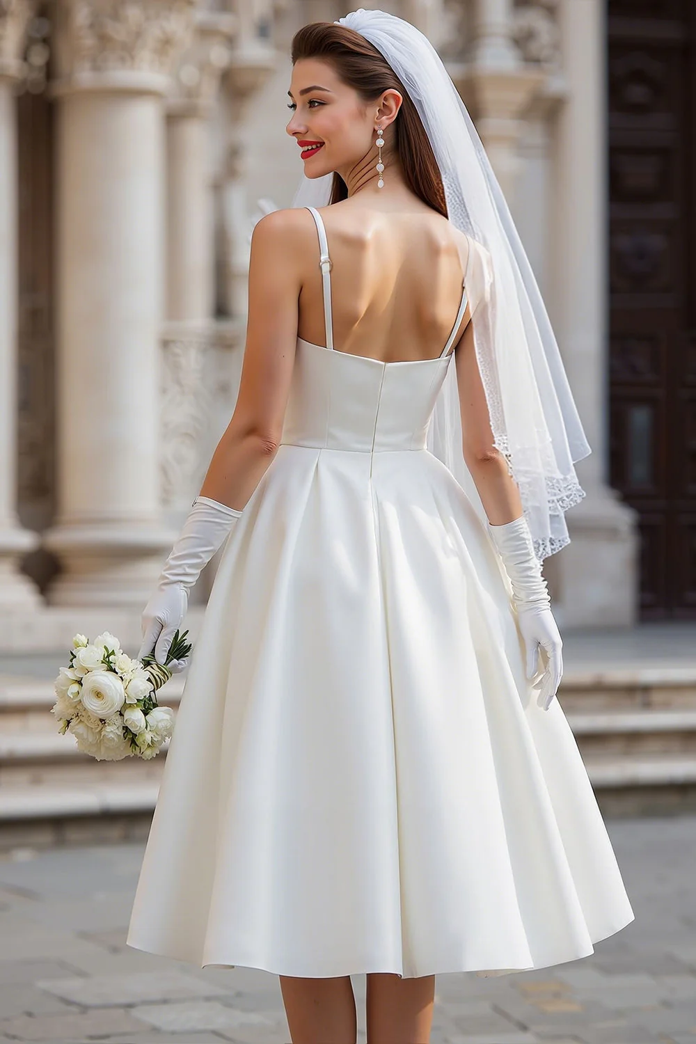 White A Line Spaghetti Straps Midi Wedding Dress with Bow - Image 2
