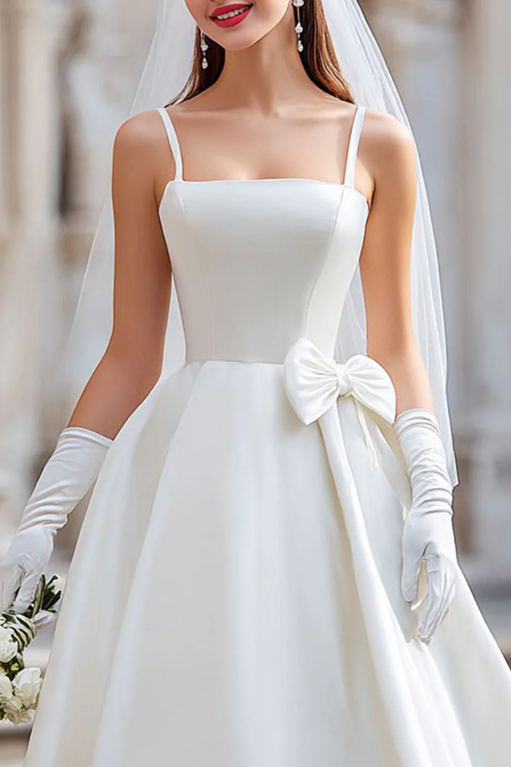 White A Line Spaghetti Straps Midi Wedding Dress with Bow - Image 3