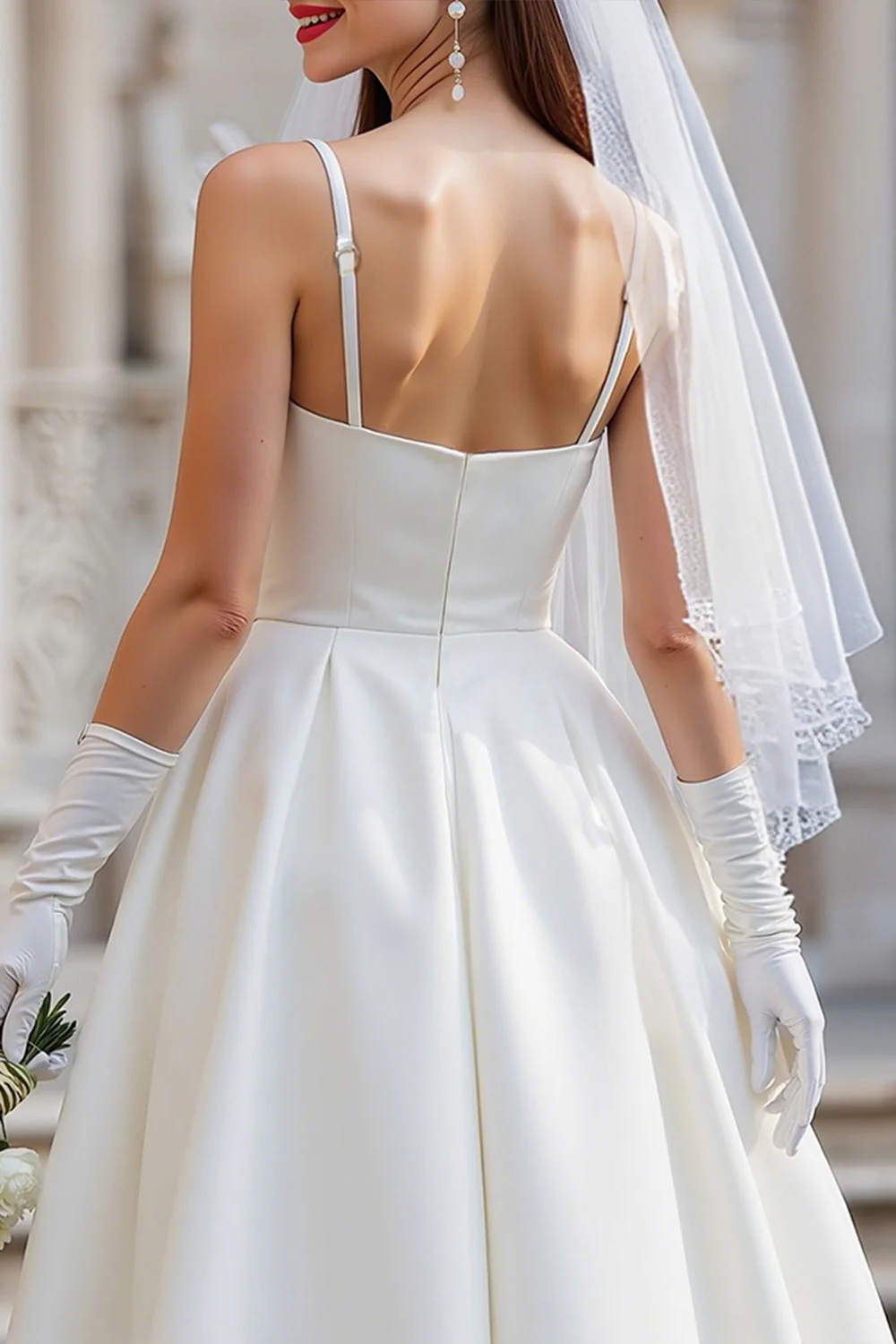 White A Line Spaghetti Straps Midi Wedding Dress with Bow - Image 4