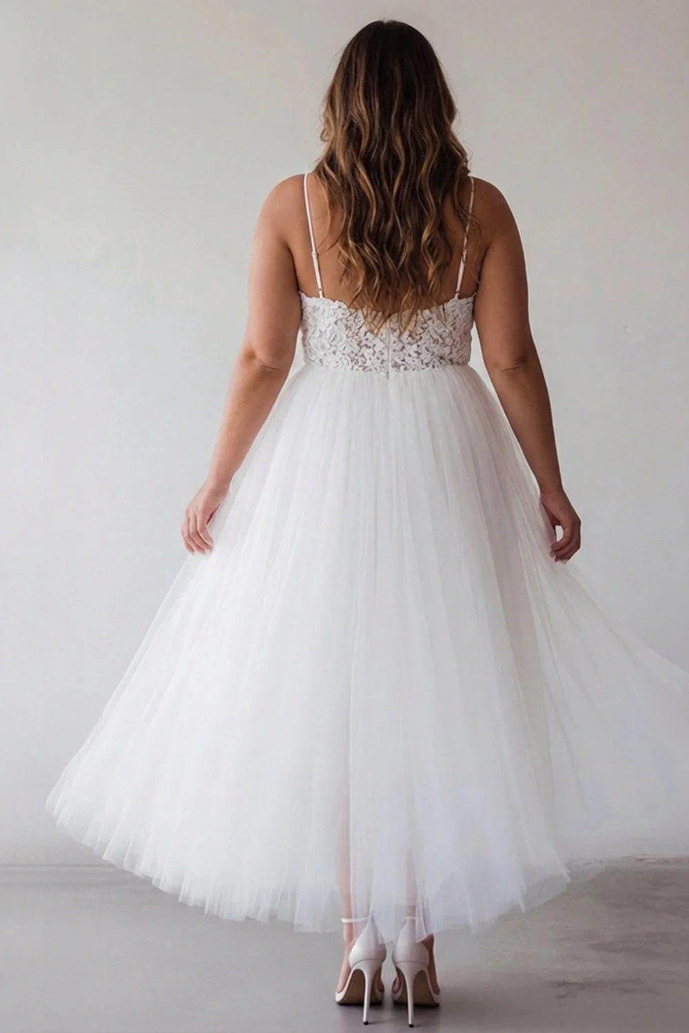 White A Line Spaghetti Straps Plus Size Tulle Engagement Dress with Lace - Image 2