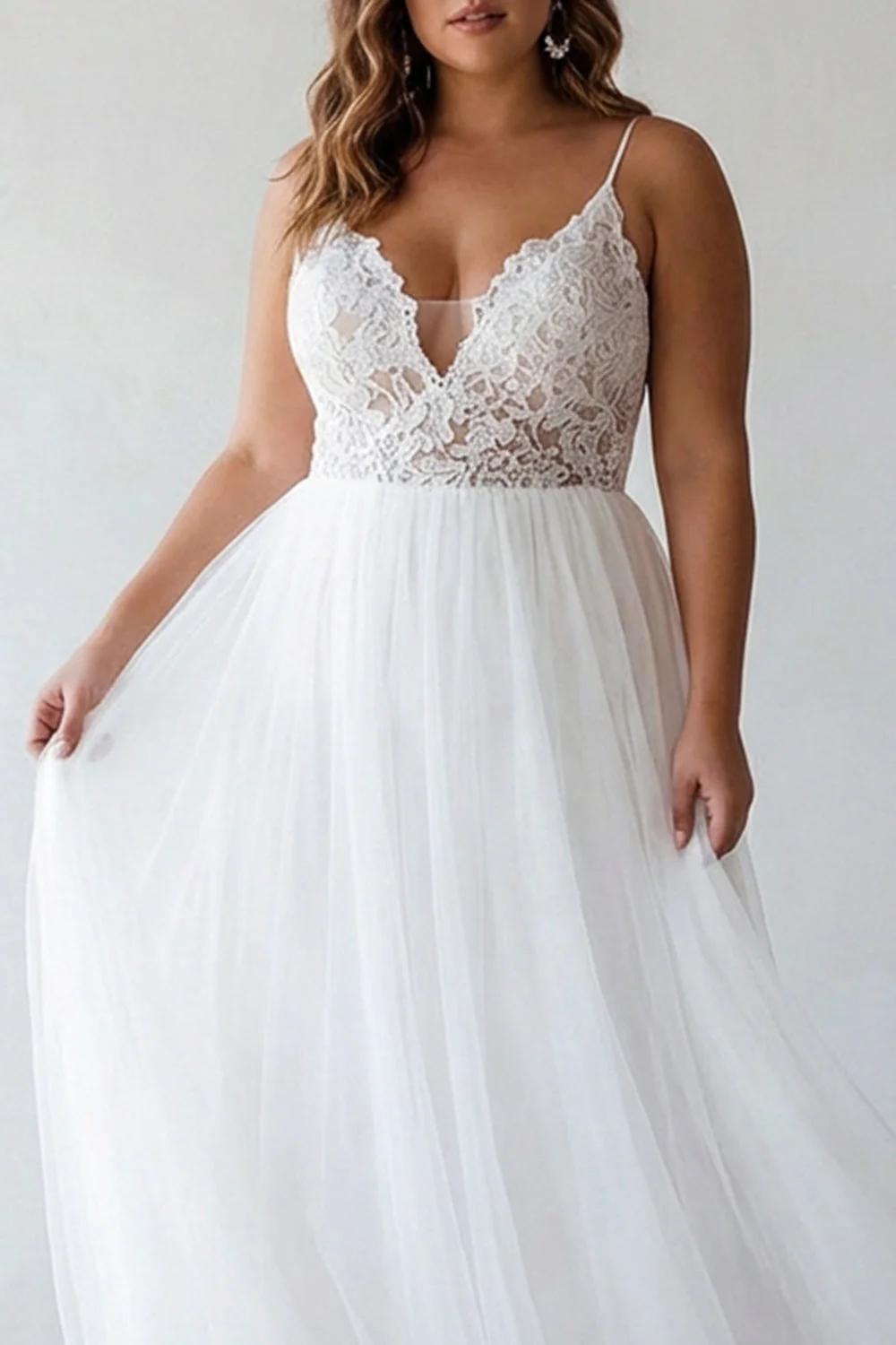 White A Line Spaghetti Straps Plus Size Tulle Engagement Dress with Lace - Image 3