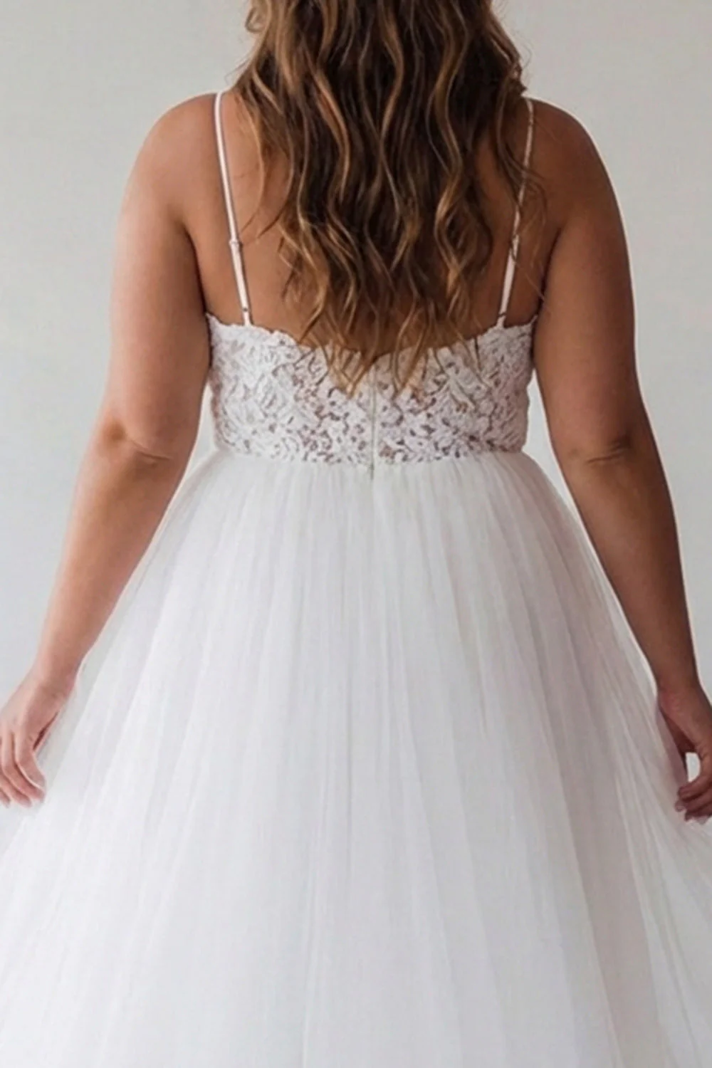 White A Line Spaghetti Straps Plus Size Tulle Engagement Dress with Lace - Image 4