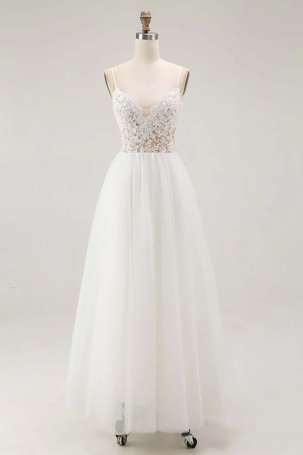 White A Line Spaghetti Straps Plus Size Tulle Engagement Dress with Lace - Image 5