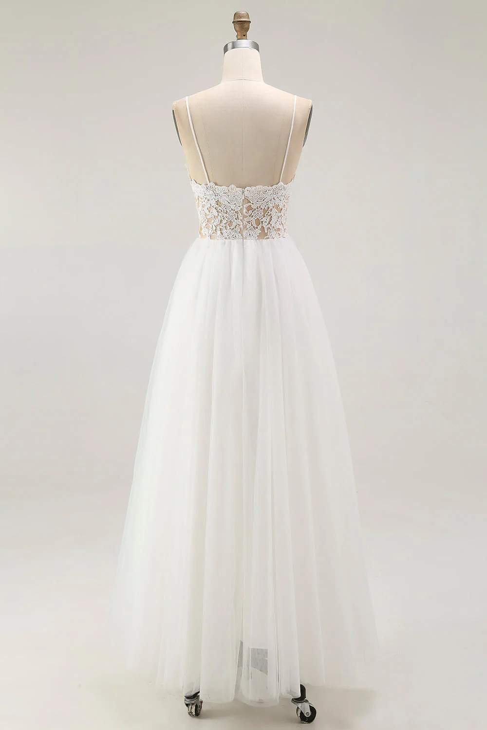 White A Line Spaghetti Straps Plus Size Tulle Engagement Dress with Lace - Image 6