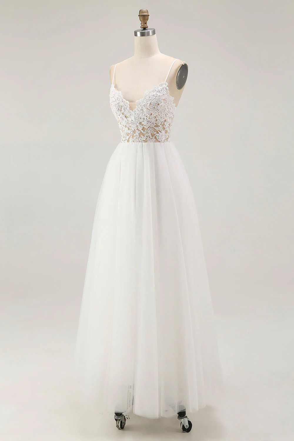 White A Line Spaghetti Straps Plus Size Tulle Engagement Dress with Lace - Image 7