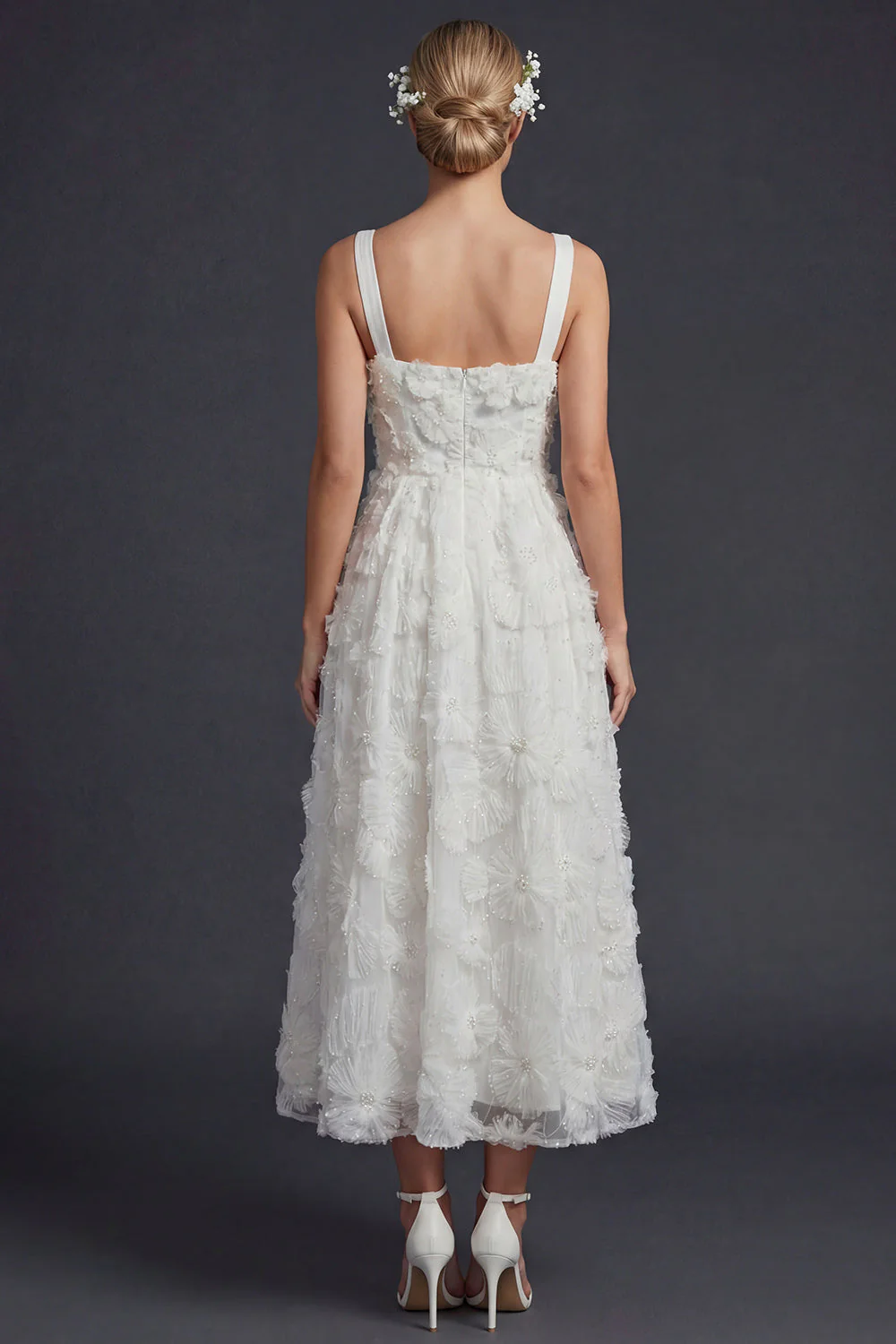 White A Line Square Neck Long Wedding Dress with 3D Flowers - Image 2