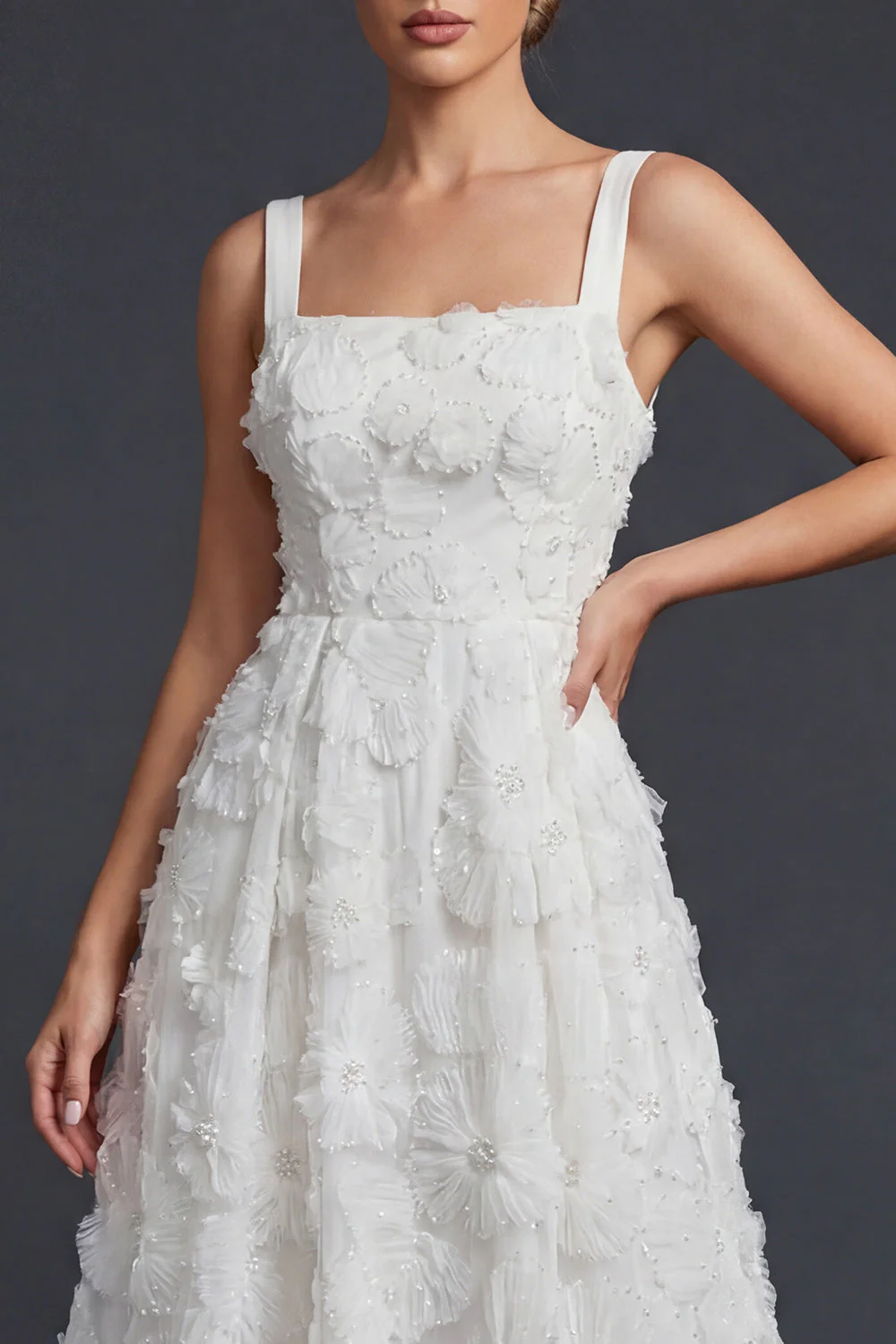 White A Line Square Neck Long Wedding Dress with 3D Flowers - Image 3