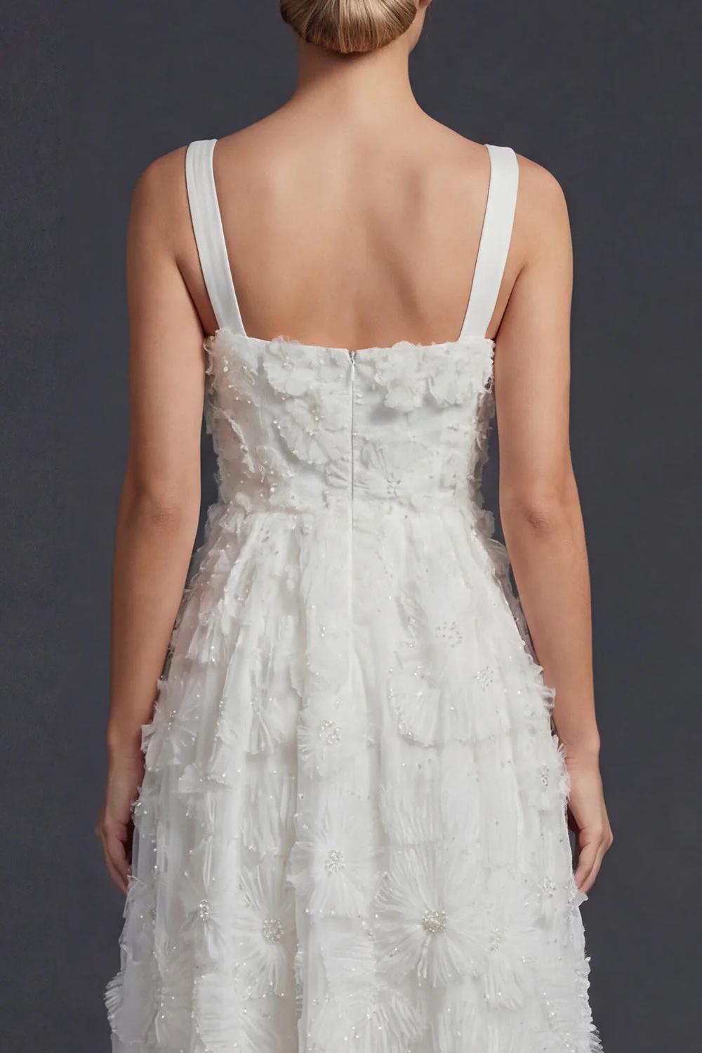 White A Line Square Neck Long Wedding Dress with 3D Flowers - Image 4