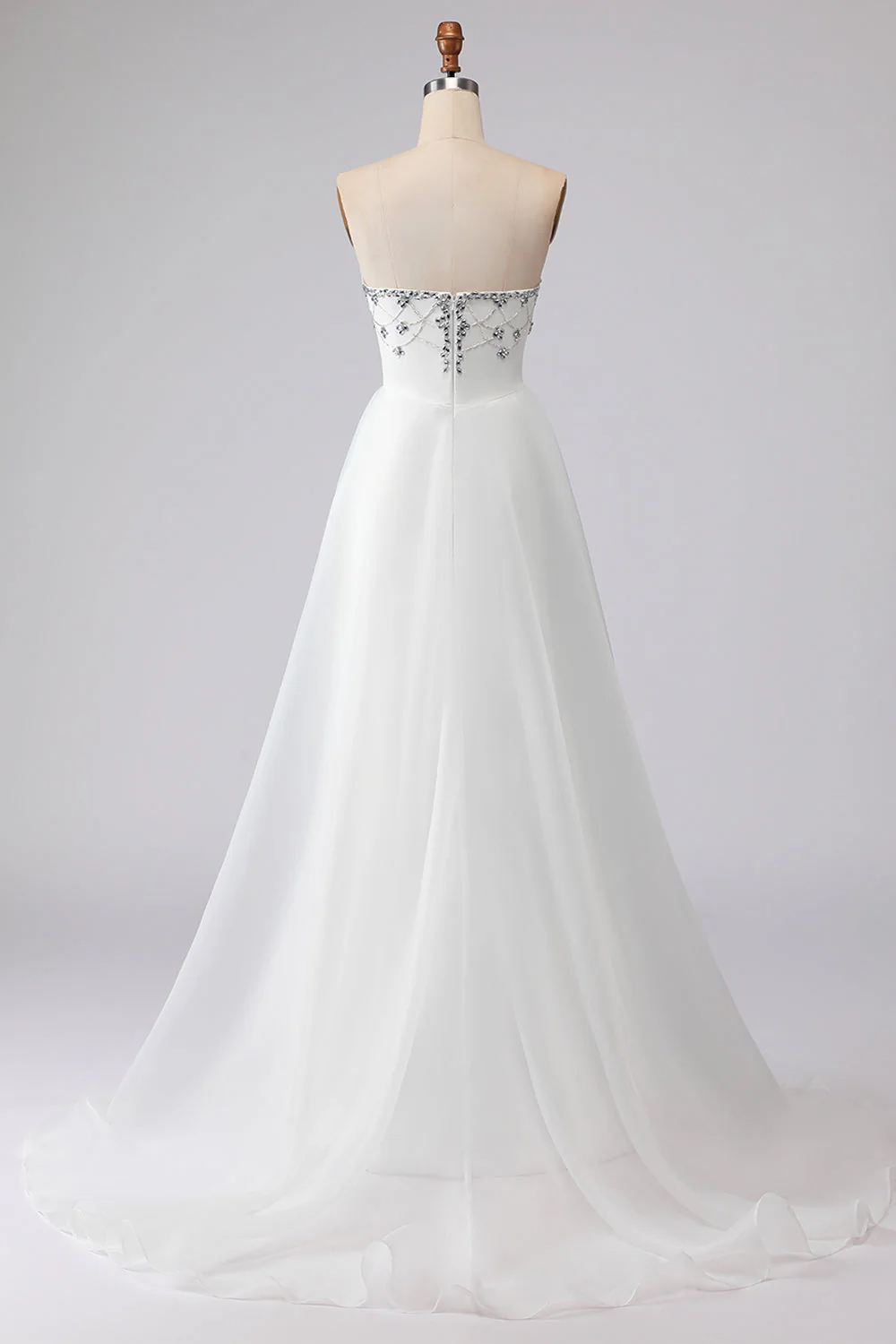 White Strapless A-Line Beaded Satin Long Wedding Dress - Image 2