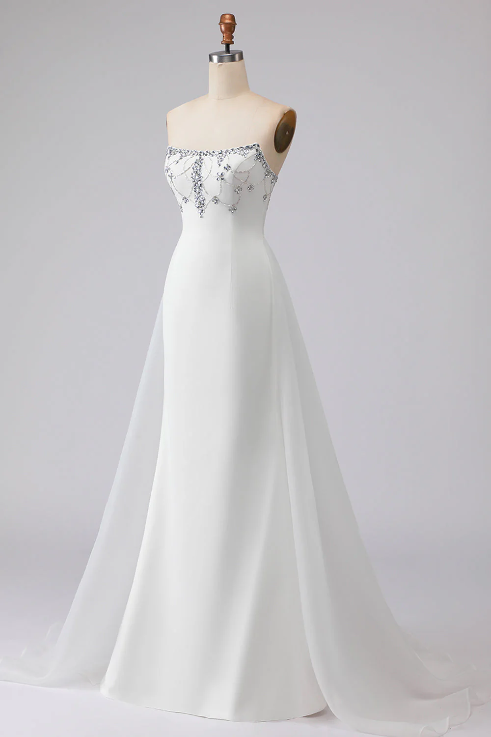 White Strapless A-Line Beaded Satin Long Wedding Dress - Image 3