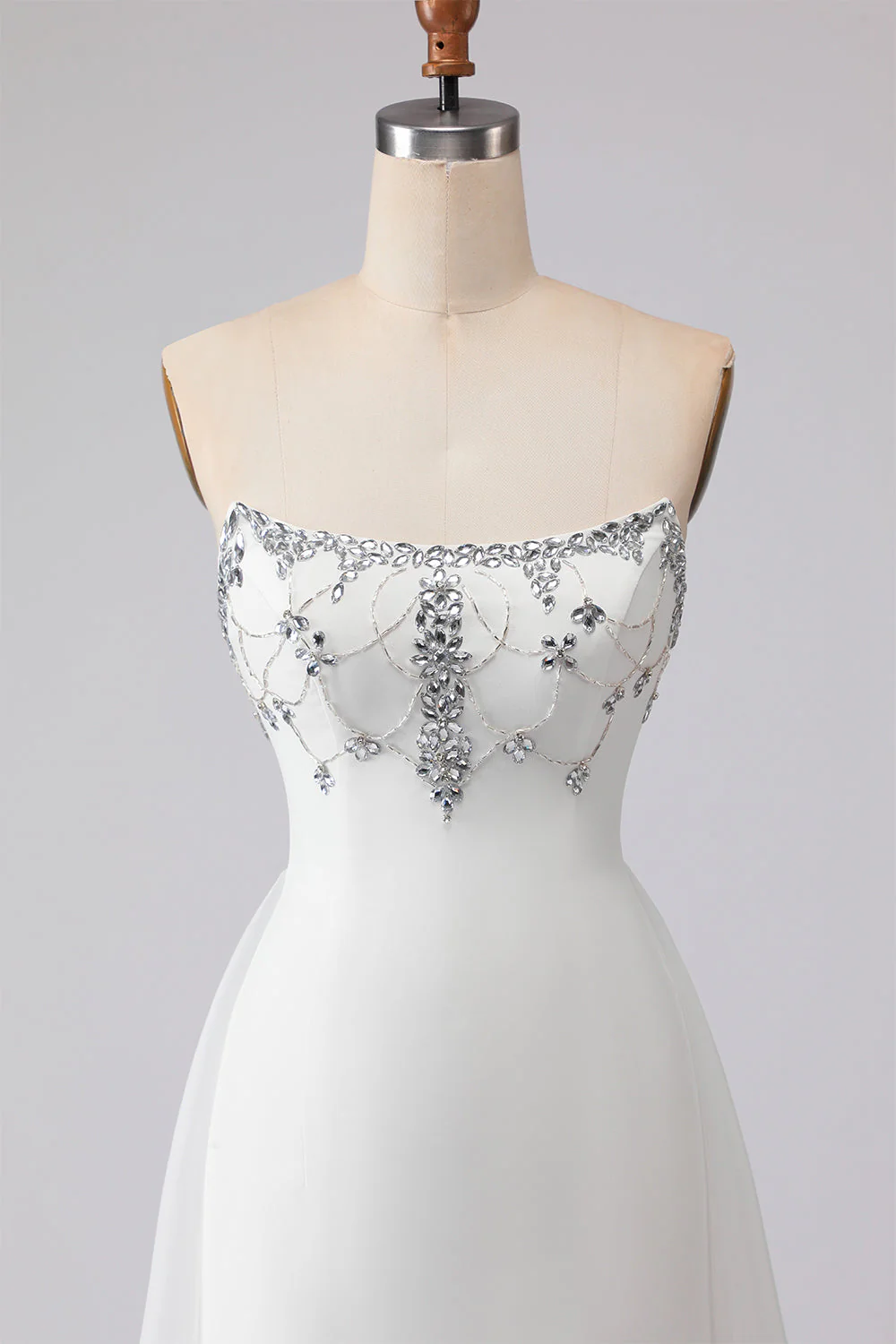 White Strapless A-Line Beaded Satin Long Wedding Dress - Image 4
