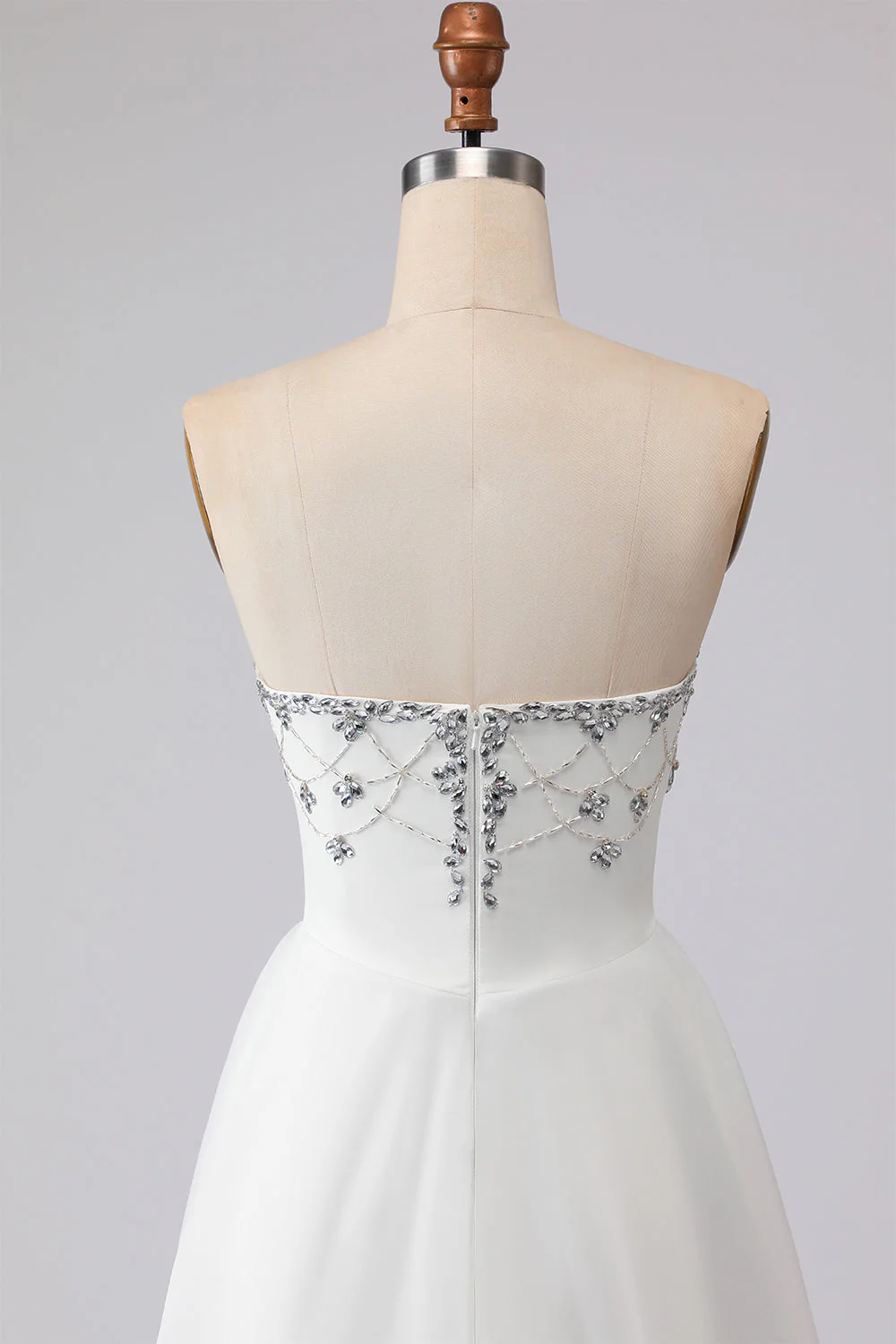 White Strapless A-Line Beaded Satin Long Wedding Dress - Image 5