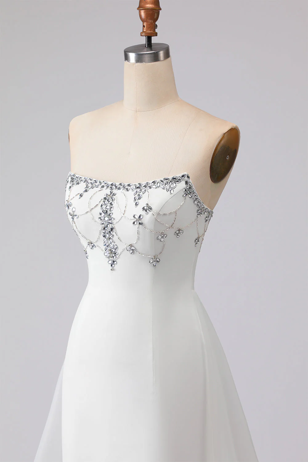 White Strapless A-Line Beaded Satin Long Wedding Dress - Image 6
