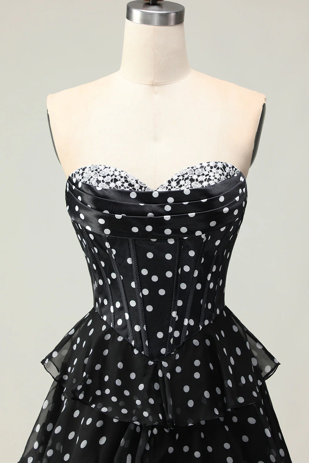 White A Line Strapless Polka Dots Tiered Ruffle Corset Long Prom Dress with Slit - Image 10