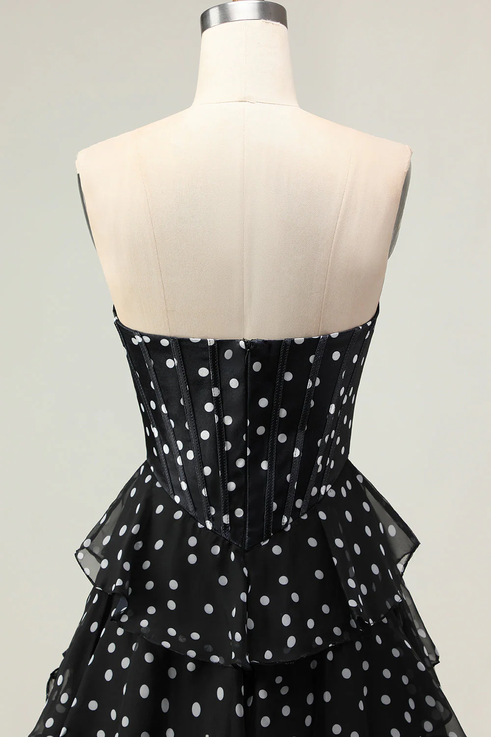 White A Line Strapless Polka Dots Tiered Ruffle Corset Long Prom Dress with Slit - Image 11