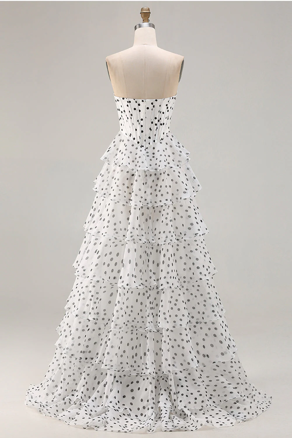 White A Line Strapless Polka Dots Tiered Ruffle Corset Long Prom Dress with Slit - Image 2