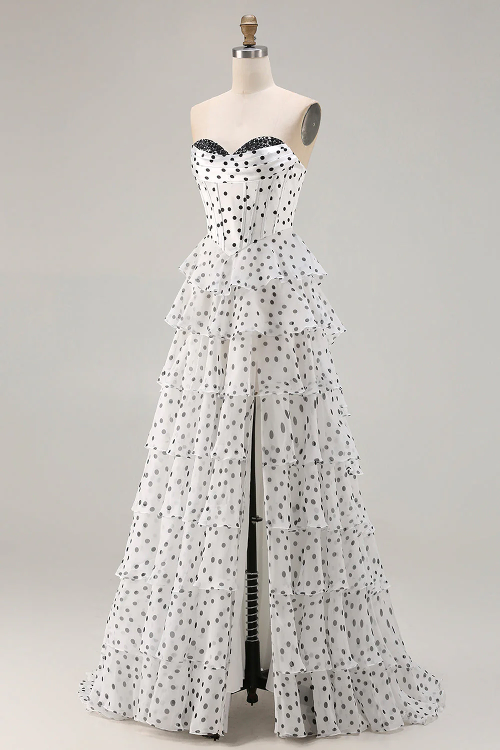 White A Line Strapless Polka Dots Tiered Ruffle Corset Long Prom Dress with Slit - Image 3