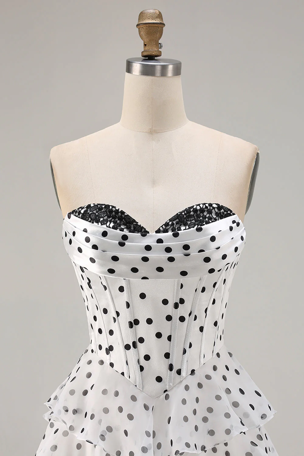 White A Line Strapless Polka Dots Tiered Ruffle Corset Long Prom Dress with Slit - Image 4