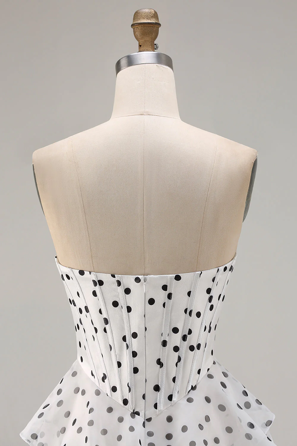 White A Line Strapless Polka Dots Tiered Ruffle Corset Long Prom Dress with Slit - Image 5