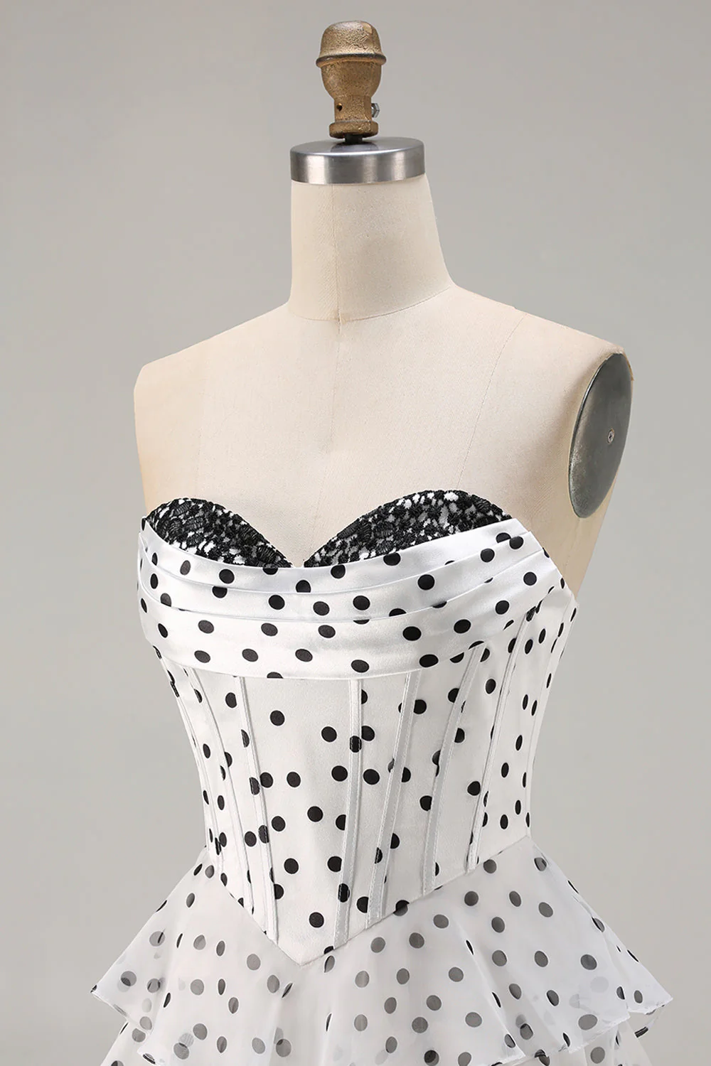 White A Line Strapless Polka Dots Tiered Ruffle Corset Long Prom Dress with Slit - Image 6